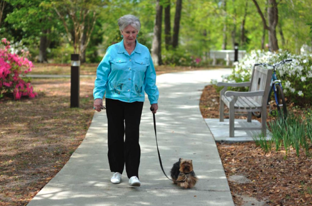 Elderly lady in a blue jacket walking a dog
